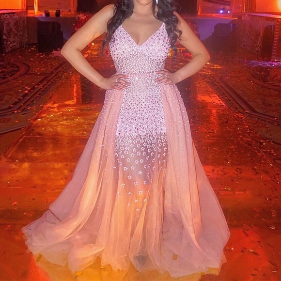 Pink Beaded Tulle Evening Gown w/ Overlay Skirt - Picture 11 of 12